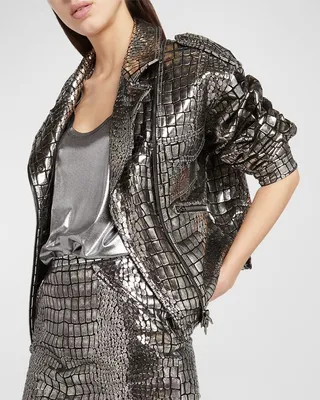 Metallic Dabbed Croc Printed Leather Biker Jacket