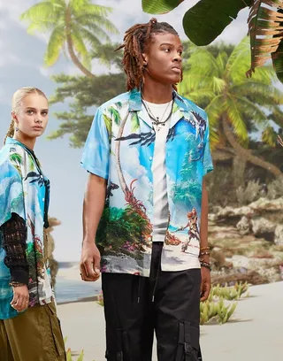 ASOS DESIGN unisex relaxed camp collar shirt with Horizon placement print