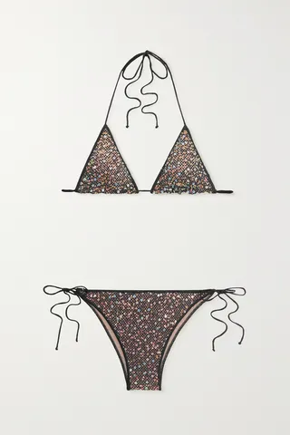 Oséree - Netquins Sequined Crocheted Triangle Bikini - Black