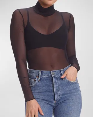 Mesh Long-Sleeve Turtleneck Top