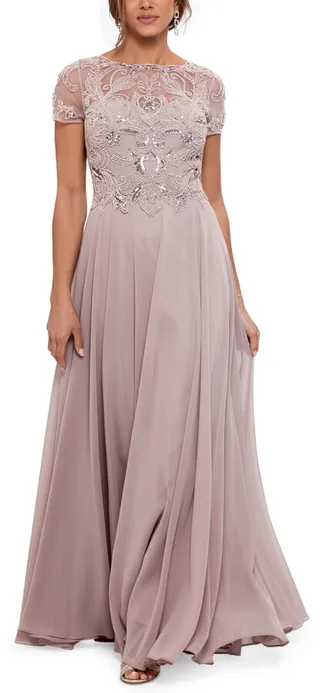 Xscape Women's Embellished Short Sleeve Chiffon Gown