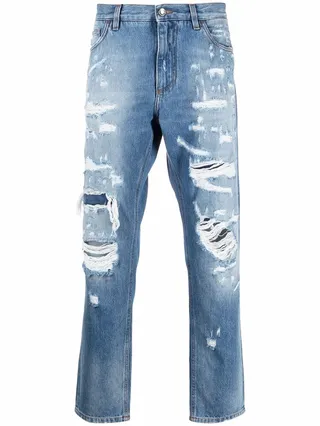 Distressed Straight-Leg Jeans