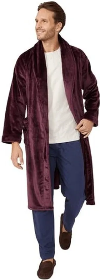 Debenhams Mens Coral Fleece Shawl Collar Bathrobe - Wine