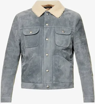 Mens Grey Shearling-collar Suede-textured Leather Trucker Jacket