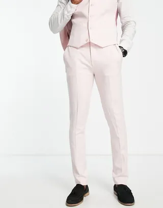 ASOS DESIGN Wedding skinny suit pants in linen mix in micro texture in pink