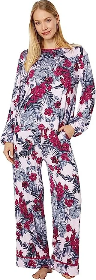 Tommy Bahama Long Sleeve Crop Pants PJ Set (Pink Floral) Women's Pajama Sets