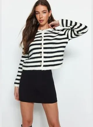 Ecru Soft Textured Striped Knitwear Cardigan TWOAW24HI00040