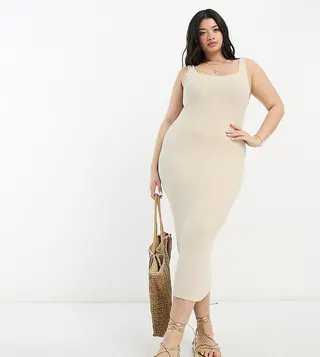 ASOS DESIGN Curve knit square neck midi dress in stone
