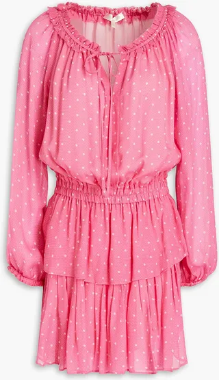 Popover gathered polka-dot chiffon mini dress