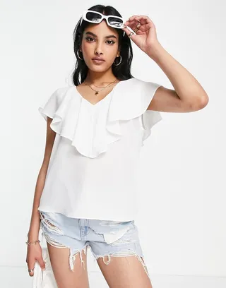 ASOS DESIGN frill neck blouse in ivory