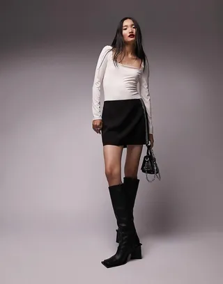 Topshop square neck long sleeve bodysuit in ivory