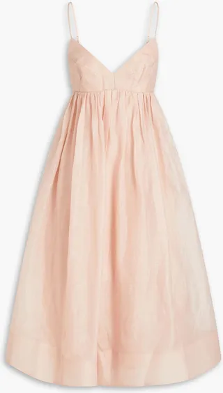 Gathered linen and silk-blend gauze midi dress