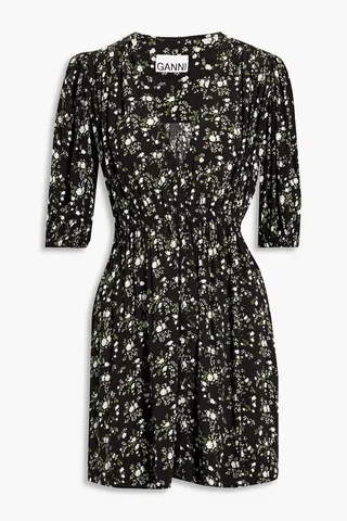 Gathered floral-print crepe mini dress