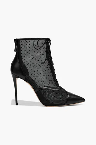 Flocked mesh and leather ankle boots