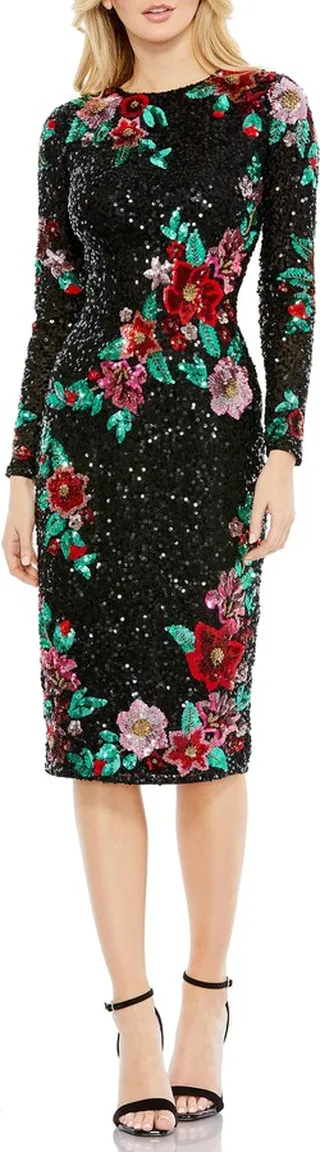 Floral Sequin Long Sleeve Cocktail Dress