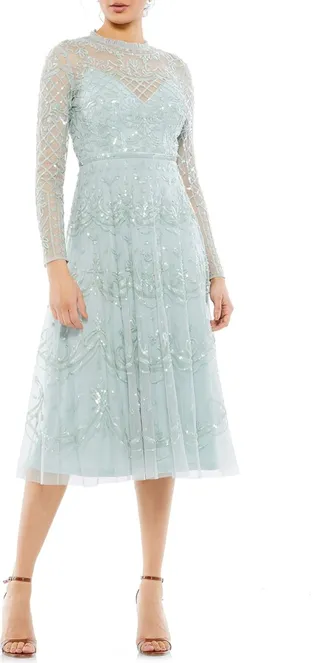 Sequin Long Sleeve Mesh Cocktail Dress