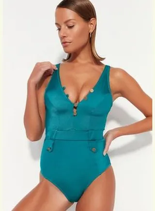 Petrol V-Neck Accessorized Regular Leg Swimsuit TBESS20MA0198