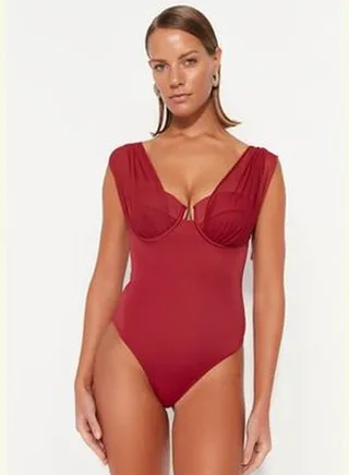Claret Red Underwire Mesh Detailed Regular Leg Swimsuit TBESS23MA00317