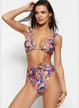 Tropical Print Triangle Tie Triangle Bikini Top TBESS23BU00281