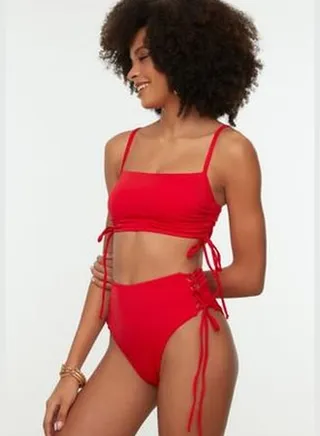 Red Striped High Waist Bikini Bottom TBESS22BA0044