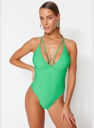 Green V-neck Swimsuit with piping Regular legs TBESS23MA00326