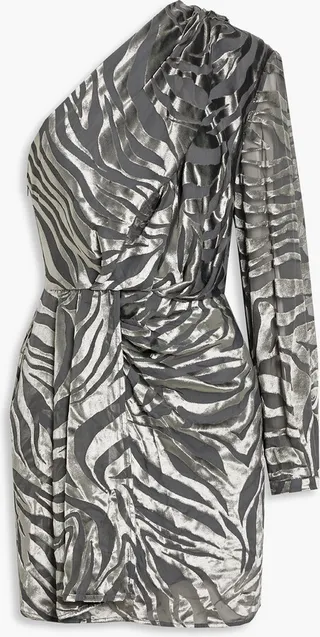 Nimas one-sleeve draped devoré-velvet mini dress