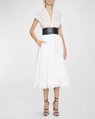 Circle Eyelet Belted Midi Dress
