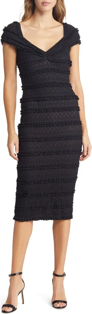 Ruffle Cap Sleeve Body-Con Midi Dress