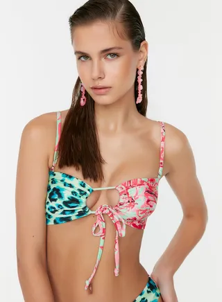 Colorblock Printed Tie Detail Bikini Top