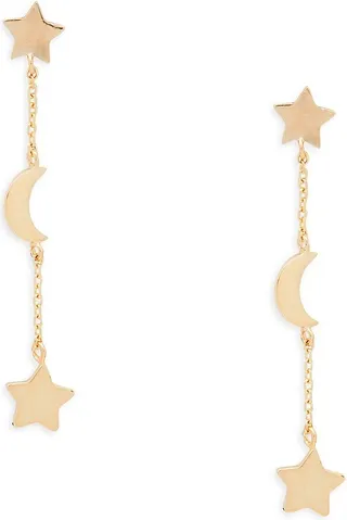 14K Yellow Gold Moon & Star Dangle Earrings