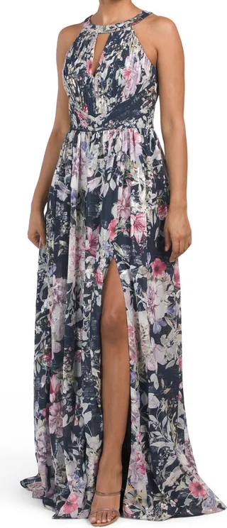 Floral Halter Gown With Front Slit