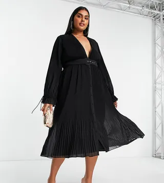 ASOS DESIGN Curve pleated blouson sleeve midi dress with belt detail in black