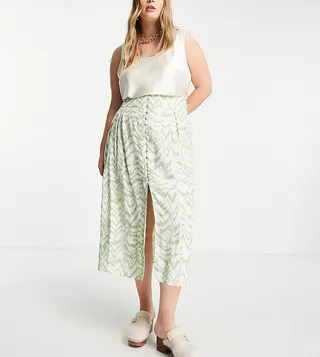 ASOS DESIGN Curve button through midi skirt with split in sage and white zebra print