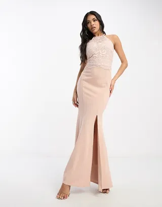 Lipsy halter neck maxi dress with lace detail in light pink