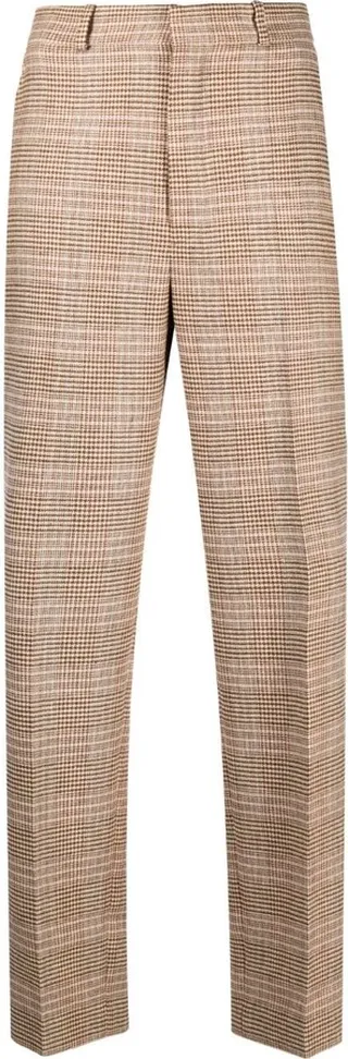 Plaid-Check Wool-Linen Straight-Leg Trousers