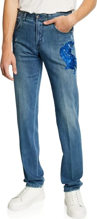 Men's Tiger-Embroidered Jeans