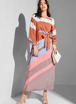 Abstract Print Belted Dress