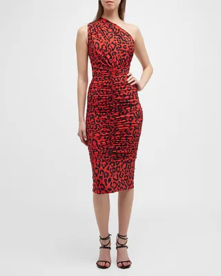 Leopard-Print Ruched One-Shoulder Midi Dress