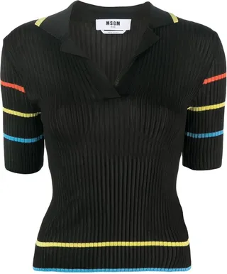 Stripe-Print Ribbed Polo Top