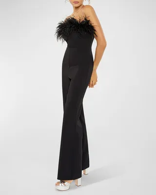 Desi Strapless Feathered Flared-Leg Jumpsuit