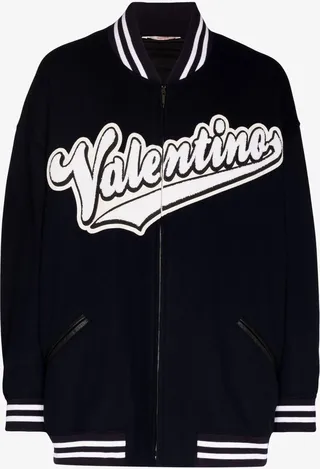 Blue Embroidered Logo Wool Bomber Jacket
