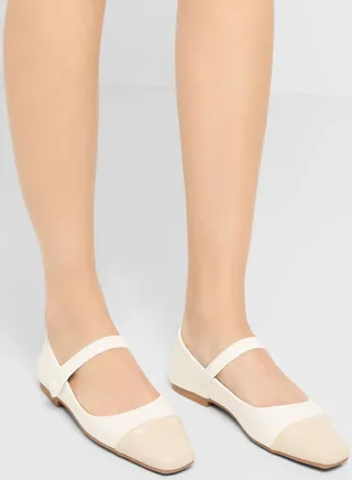 Square Toe Ankle Strap Ballerina Flat Shoes Cream