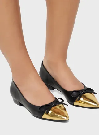 Bow Detail Metallic Toecap Flat Shoe Black