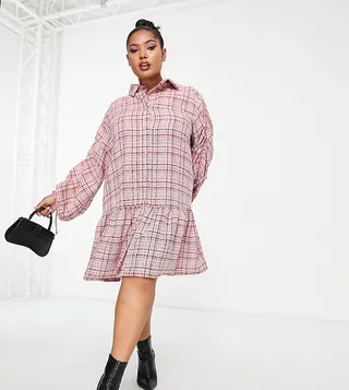 ASOS DESIGN Curve boucle mini smock shirt dress with pephem in pink