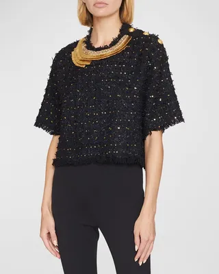 Crystal Embroidered Paillette Tweed Crop T-Shirt