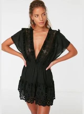 Black Mini Woven Embroidered 100% Cotton Beach Dress TBESS21EL1248