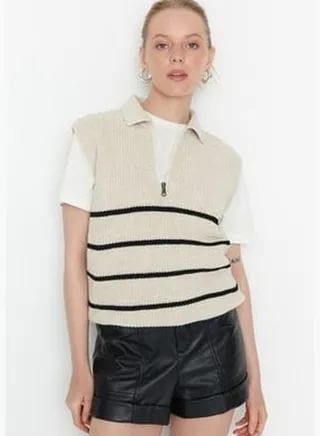 Beige Zipper Striped Knitwear Sweater TWOAW23SV0007