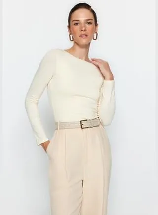 Stone Cotton, Flexible Boat Collar Fitted/Situated, Flexible Knitted Blouse TWOAW24BZ00166