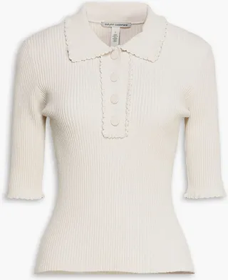 Scalloped ribbed bouclé-knit polo shirt