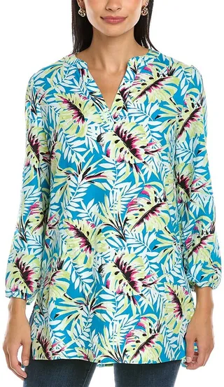 Anne Klein Floral V-Neck Linen-Blend Tunic